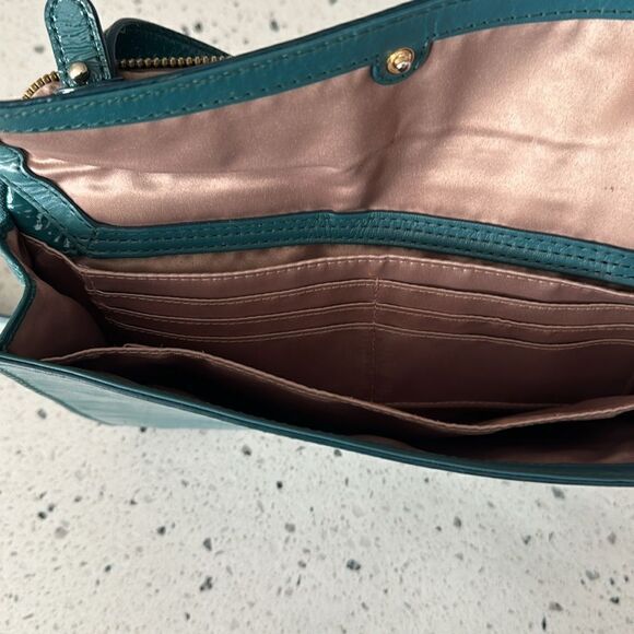 COLE HAAN JITNEY Teal Green Patent Leather Shoulder Purse Top Zip Travel Bag EUC - Picture 3 of 16